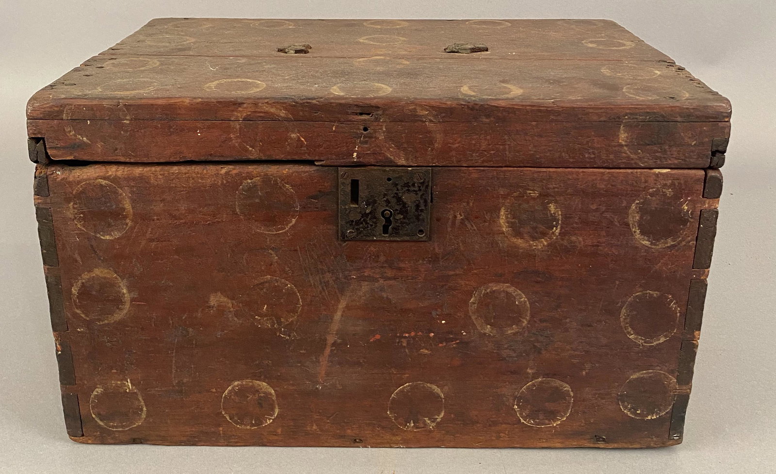 Paint Decorated Box in Red w/White Circles: Paint decorated box in red wash with white circle/bubble decoration