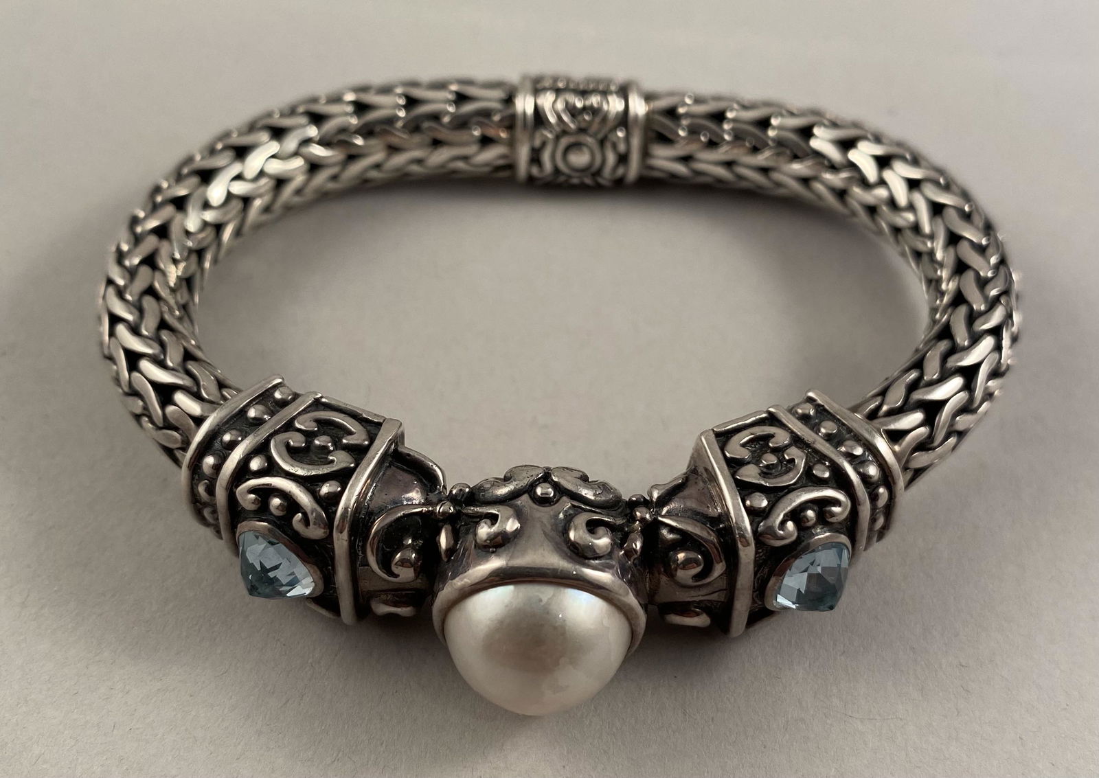 Sterling Bracelet w/Large Pearl & 2 Blue Stones (1 of 7)