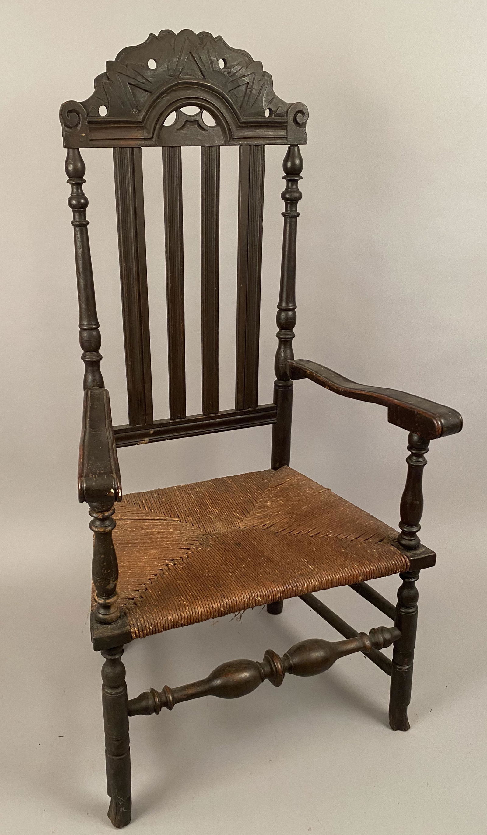 18th C Carved Crested Banister Back Arm Chair w/Spanish Feet (1 of 10)