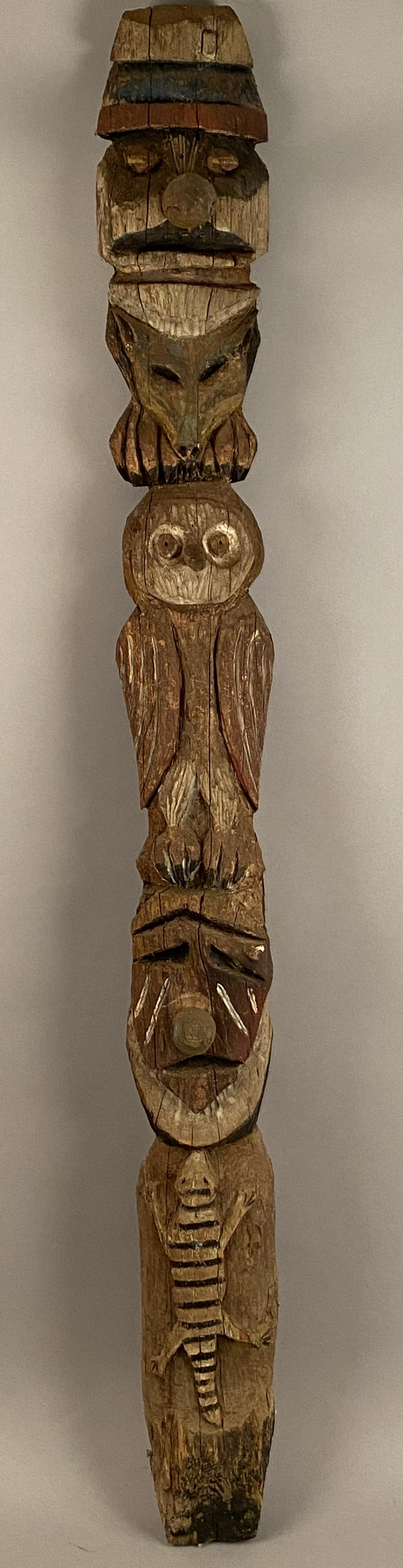 Early Polychrome Totem Pole w/Man & Animal Carvings (1 of 11)