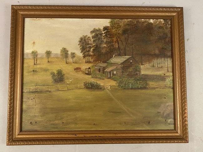 Primitive Oil on Board of Log Cabin Farm House (1 of 5)