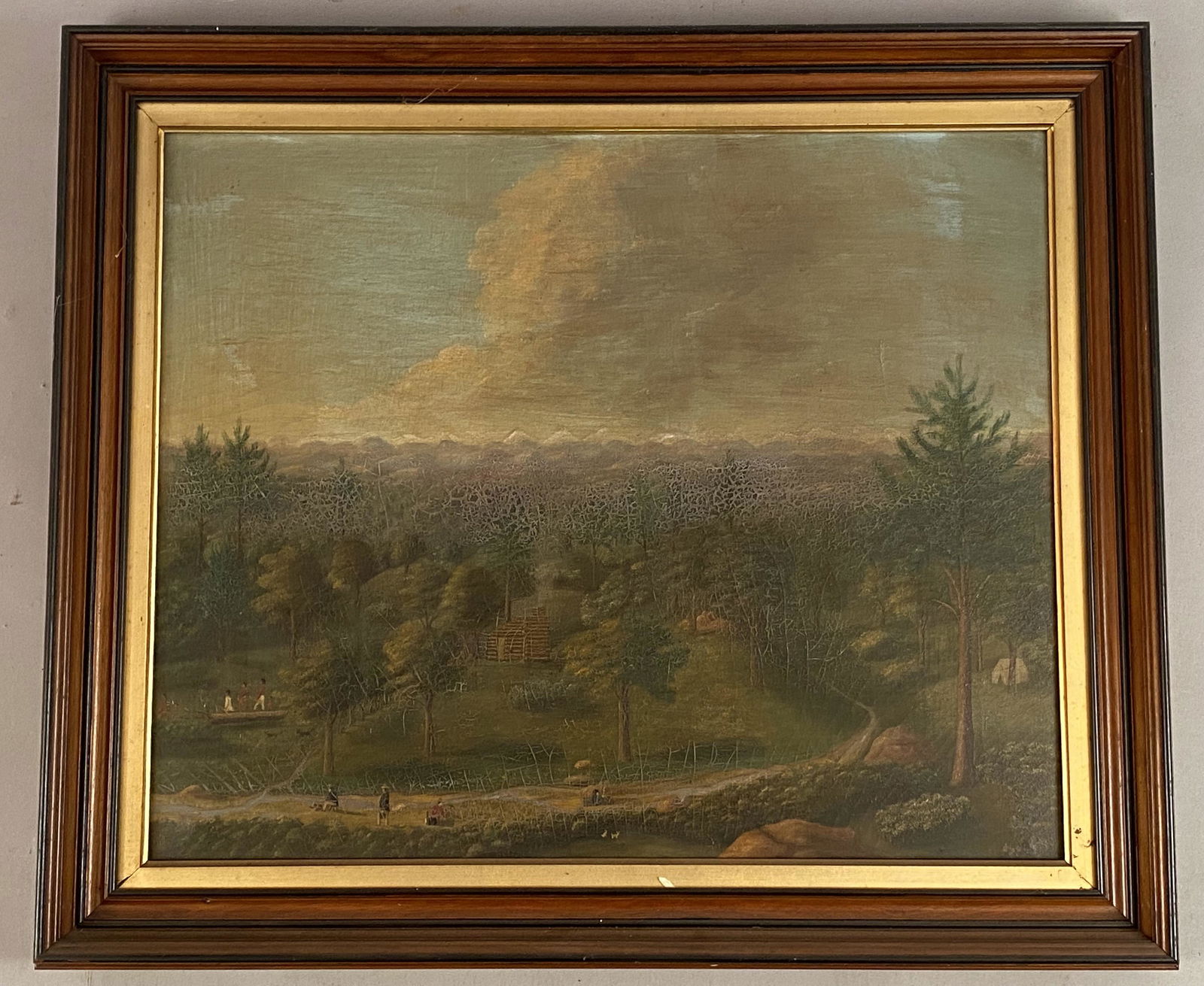 19th C Landscape w/Log Cabin, Settlers, Native Americans, etc. (1 of 8)