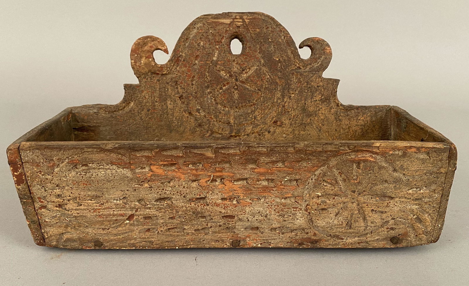 18th C Chip Carved Wall Box w/Pin Wheel & Star (1 of 8)