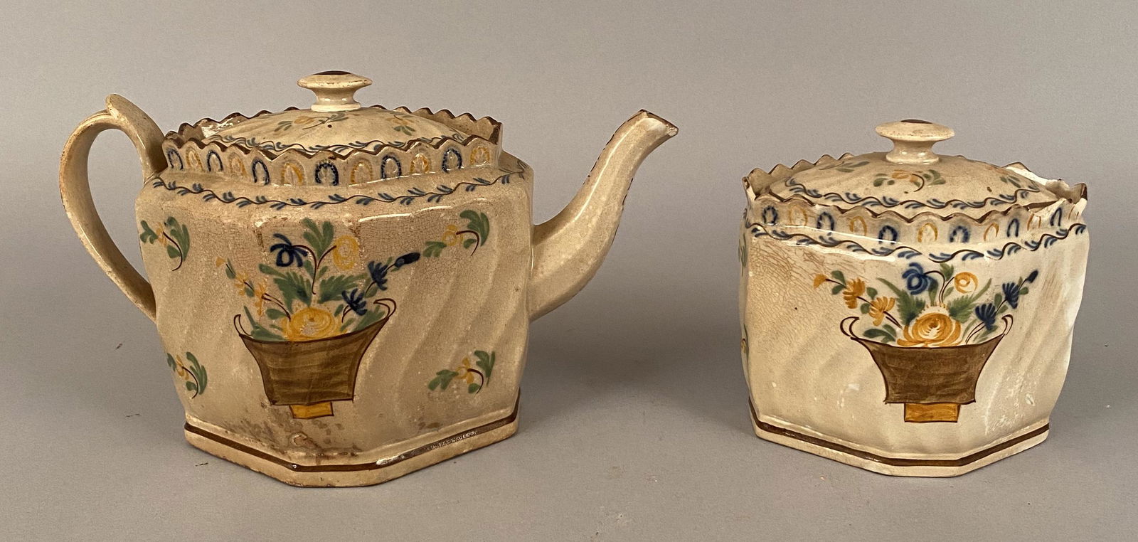 Pearlware Teapot & Sugar w/Floral Basket Design (1 of 8)