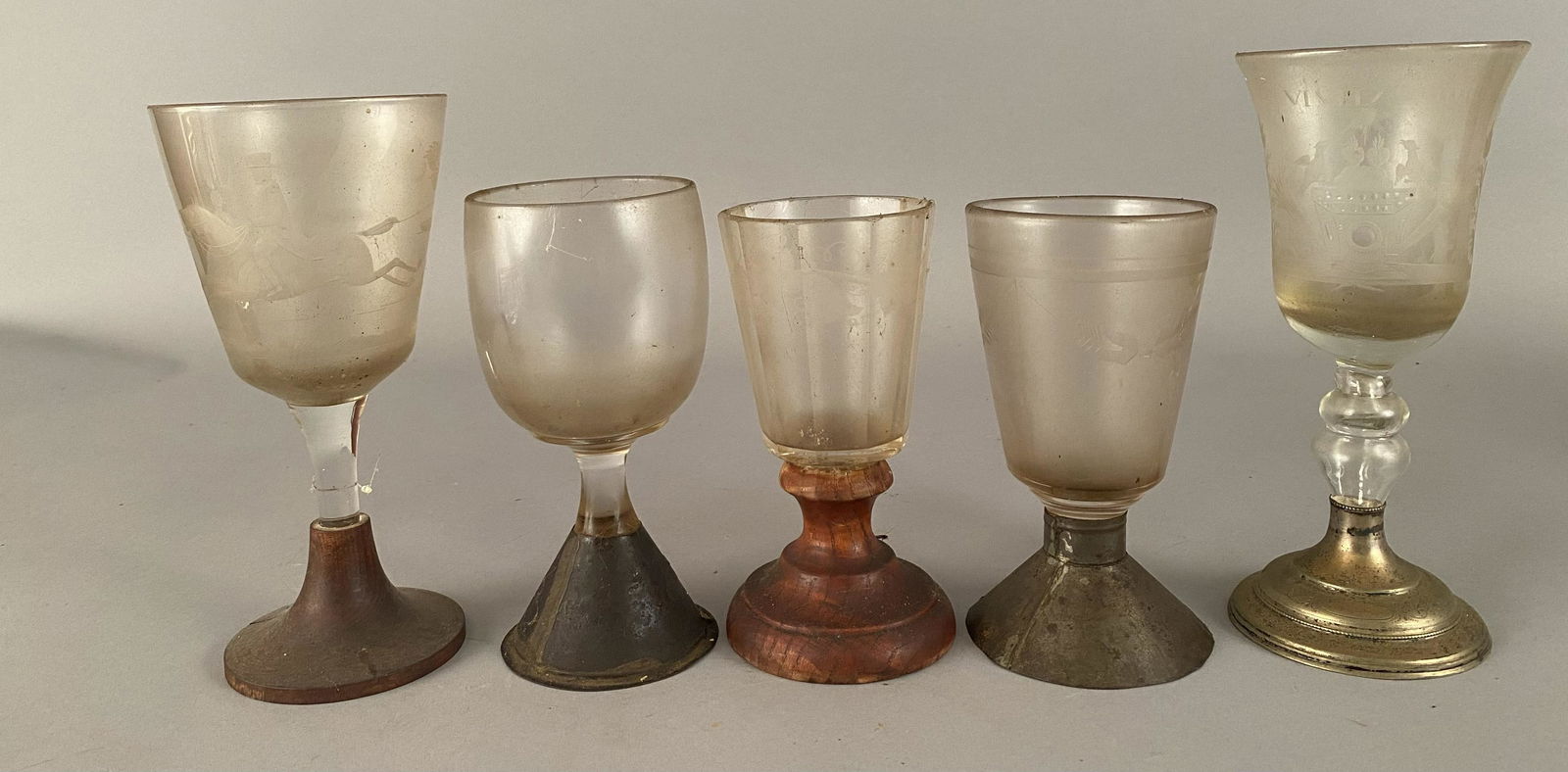 5 Stemmed Goblets w/Wood & Metal Bases, 4 Etched (1 of 7)