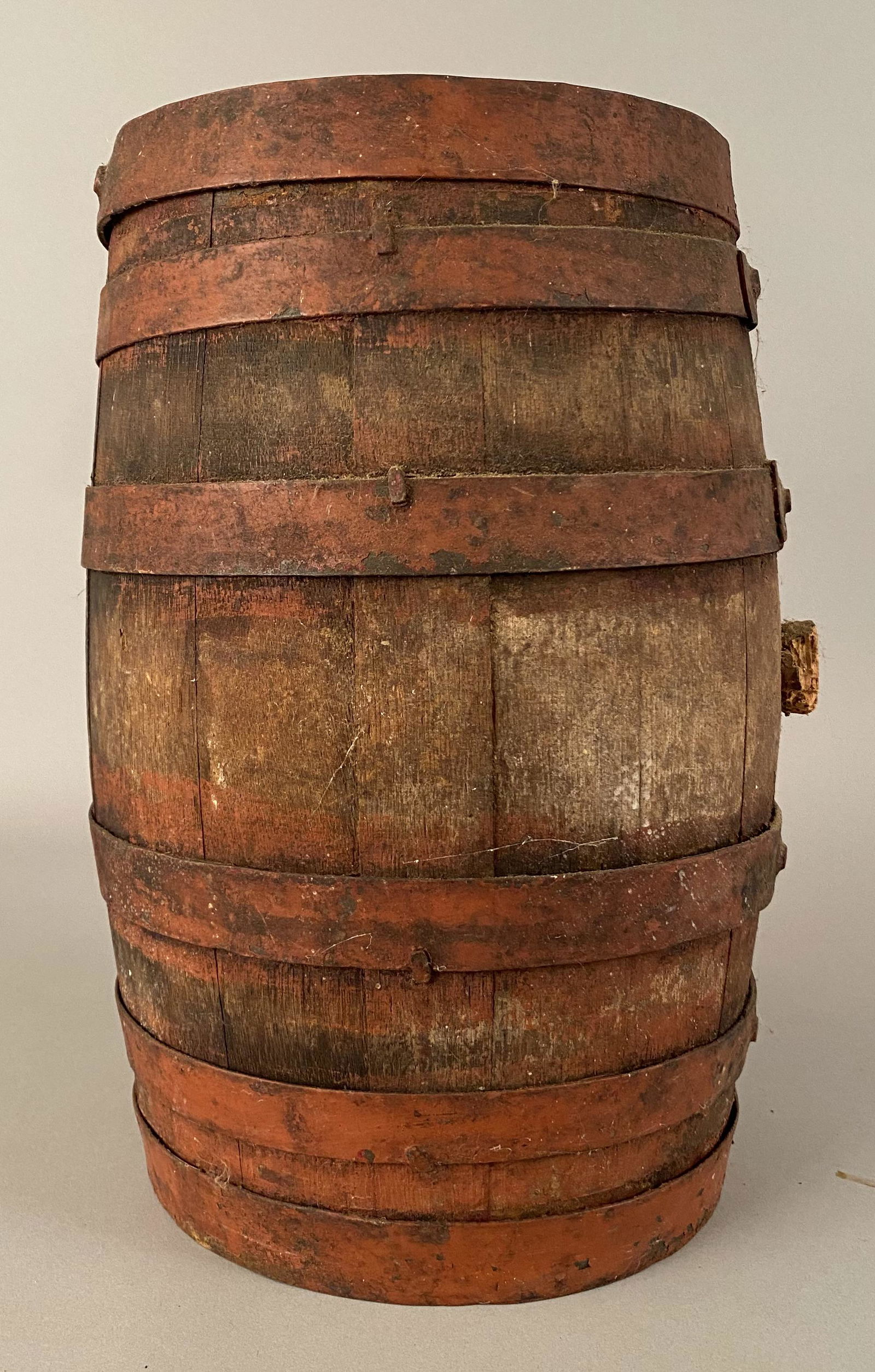 Early Red Wooden Barrel Labled "Atom Juice" (1 of 6)