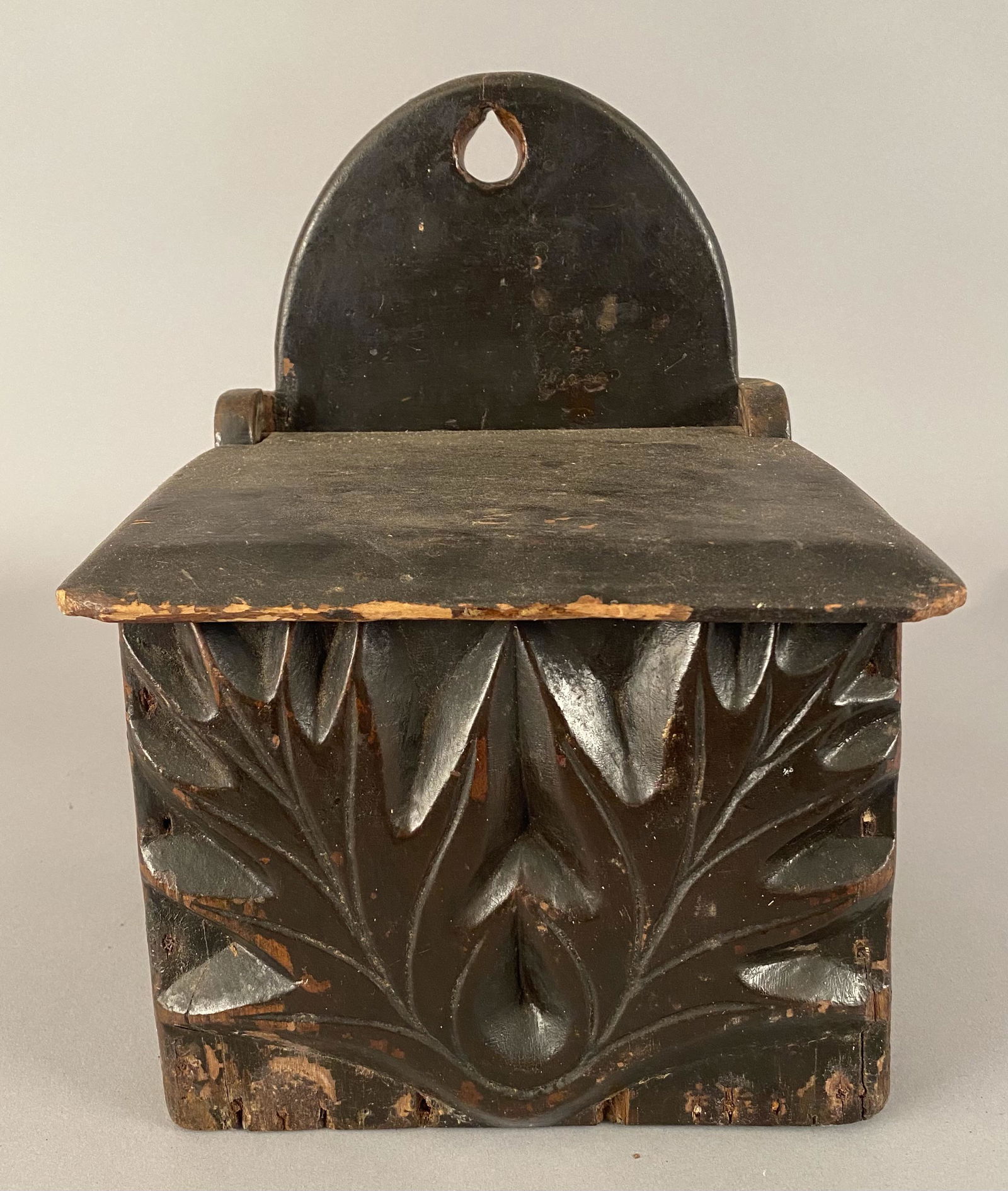 Wooden Lift Top Wall Box w/ Carved Oak Leaf Design (1 of 8)