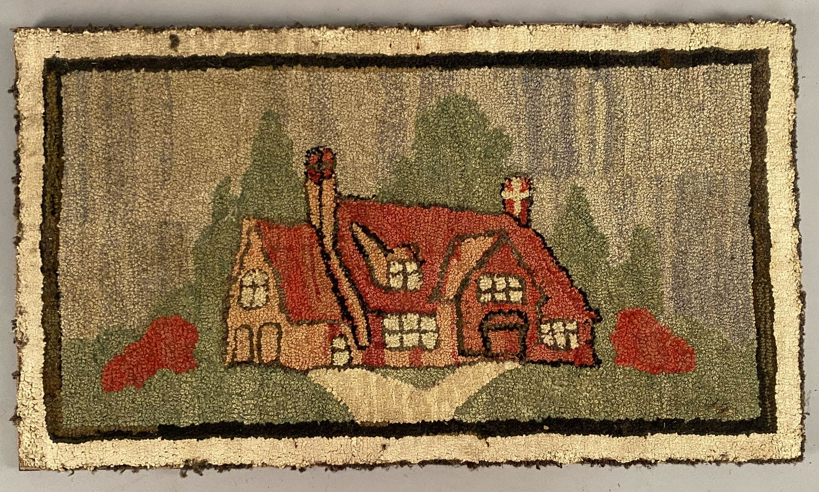 Folk Art Hooked Rug of Cottage Scene (1 of 4)