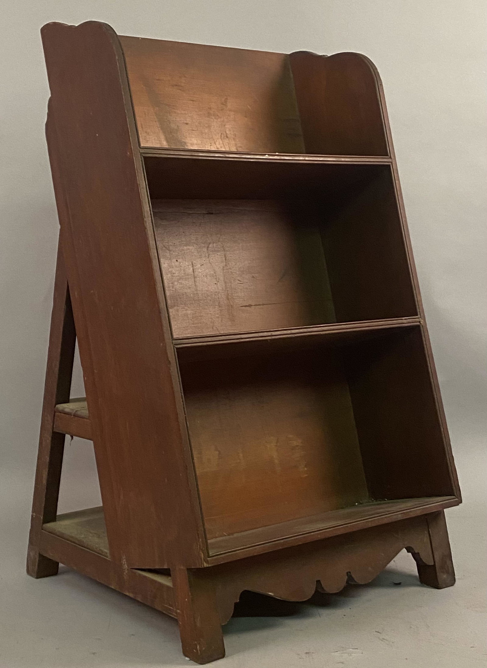 Unusual Canted Library Shelf w/Steps on Back: Very unusual canted library shelf with two library steps connected to the back. Three tiers with scrolled base and beaded edges. Rare form.