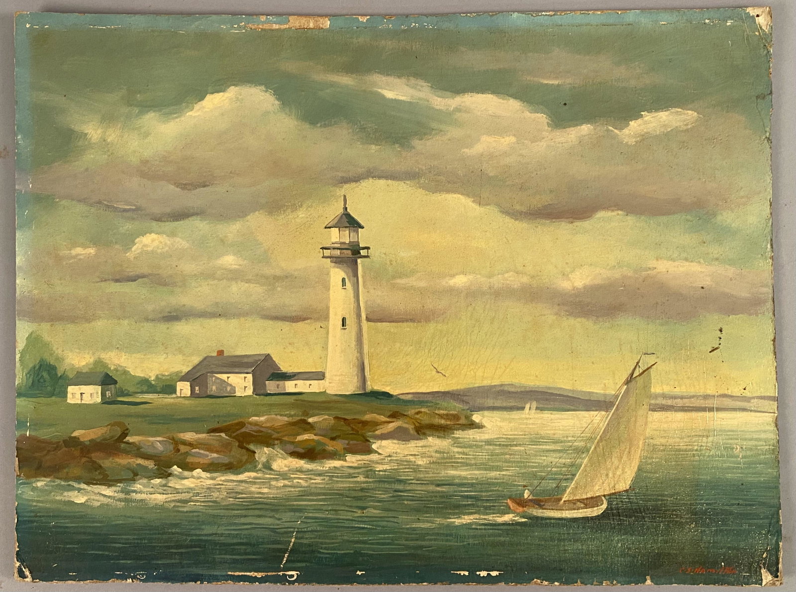 CS Hamilton Oil on Board-Lighthouse, Marblehead: CS Hamilton oil on board of a lighthouse, keepers cottage and a boat sailing. Partial label on the back reads Curtis, Marblehead. Signed in the lower right.