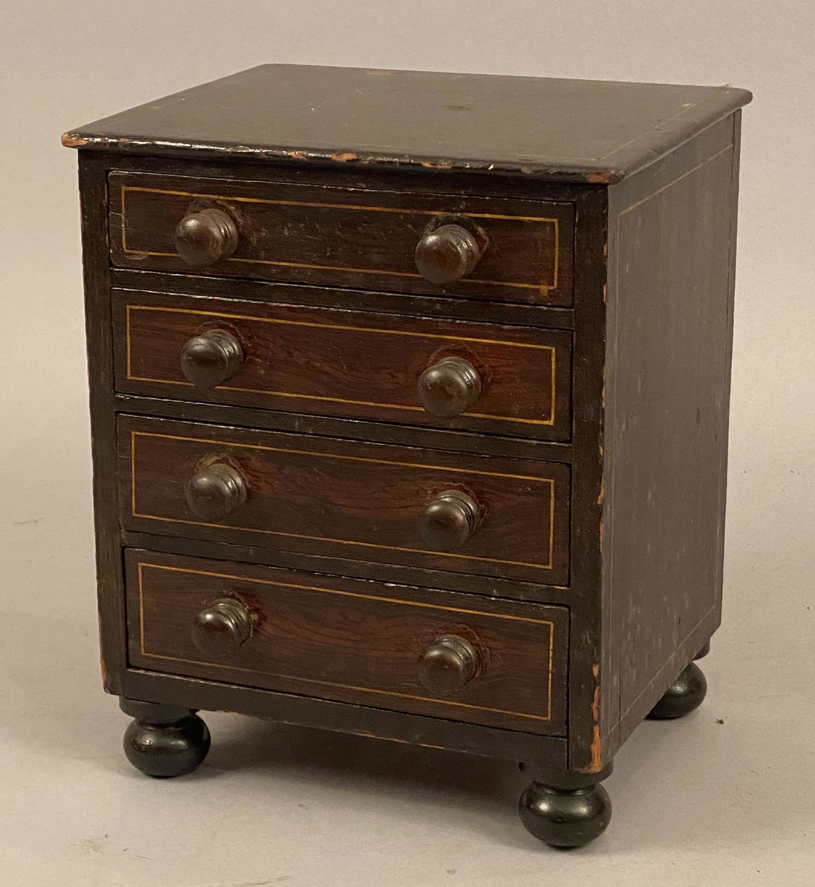 19th C Miniature 4 Drawer Chest-ball feet & inlay (1 of 6)