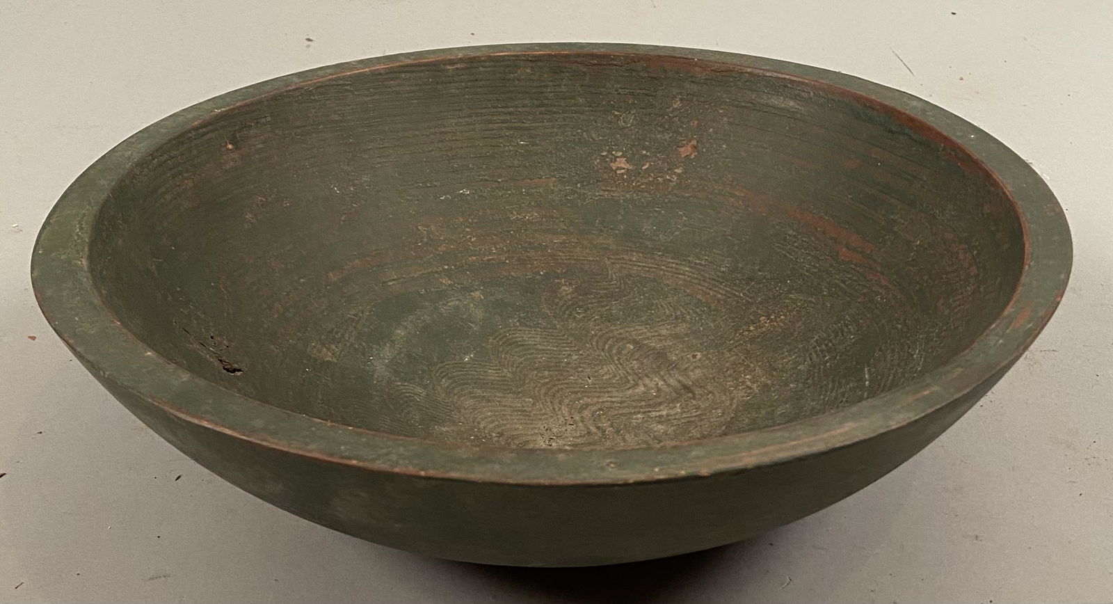 Early Wooden Bowl in Green over Red Paint (1 of 5)