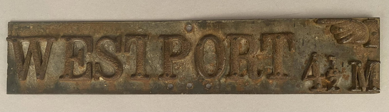 Antique Sign-"Westport 4 1/2 M" w/Hand Pointing: Antique Westport directional sign. Cast Iron letters on lead plate. It reads, "Westport 4 1/2 M" with a hand pointing.