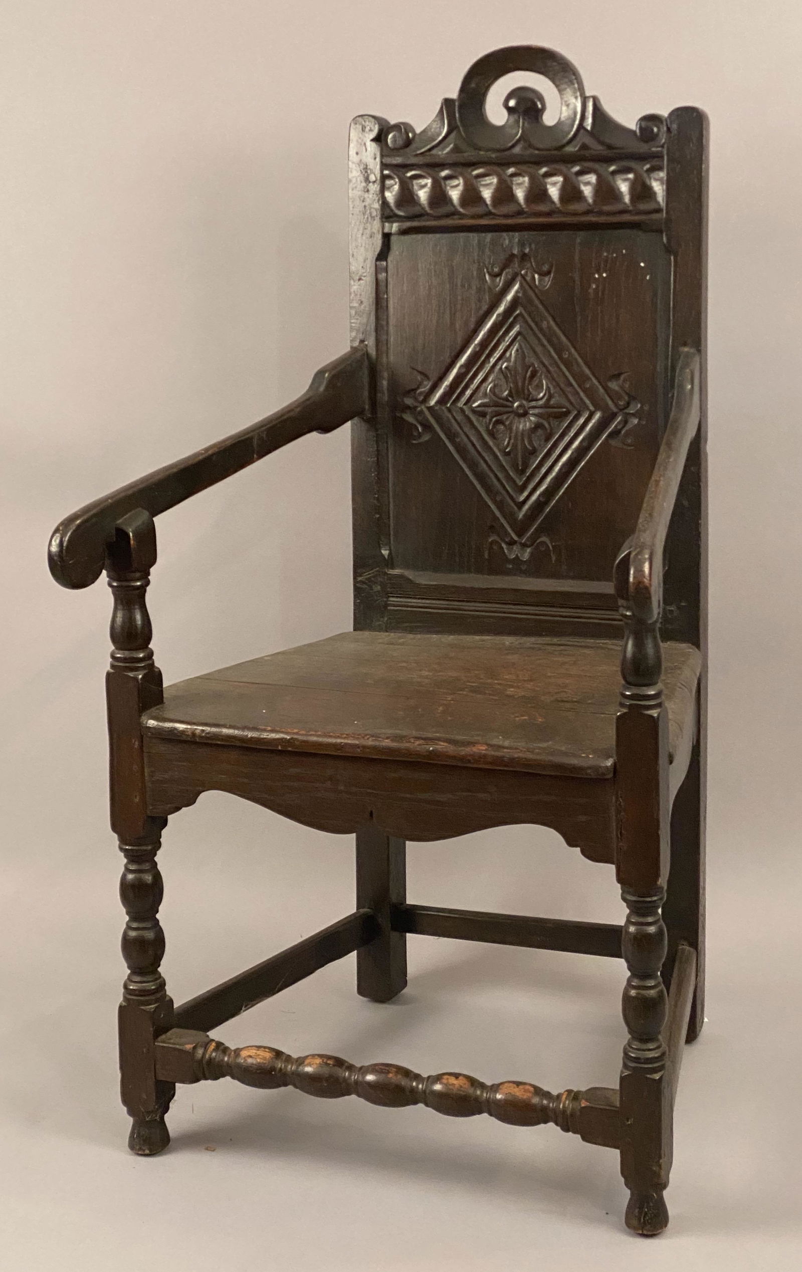 17th C Oak Wainscot Chair w/ Carved & Pressed Back (1 of 6)