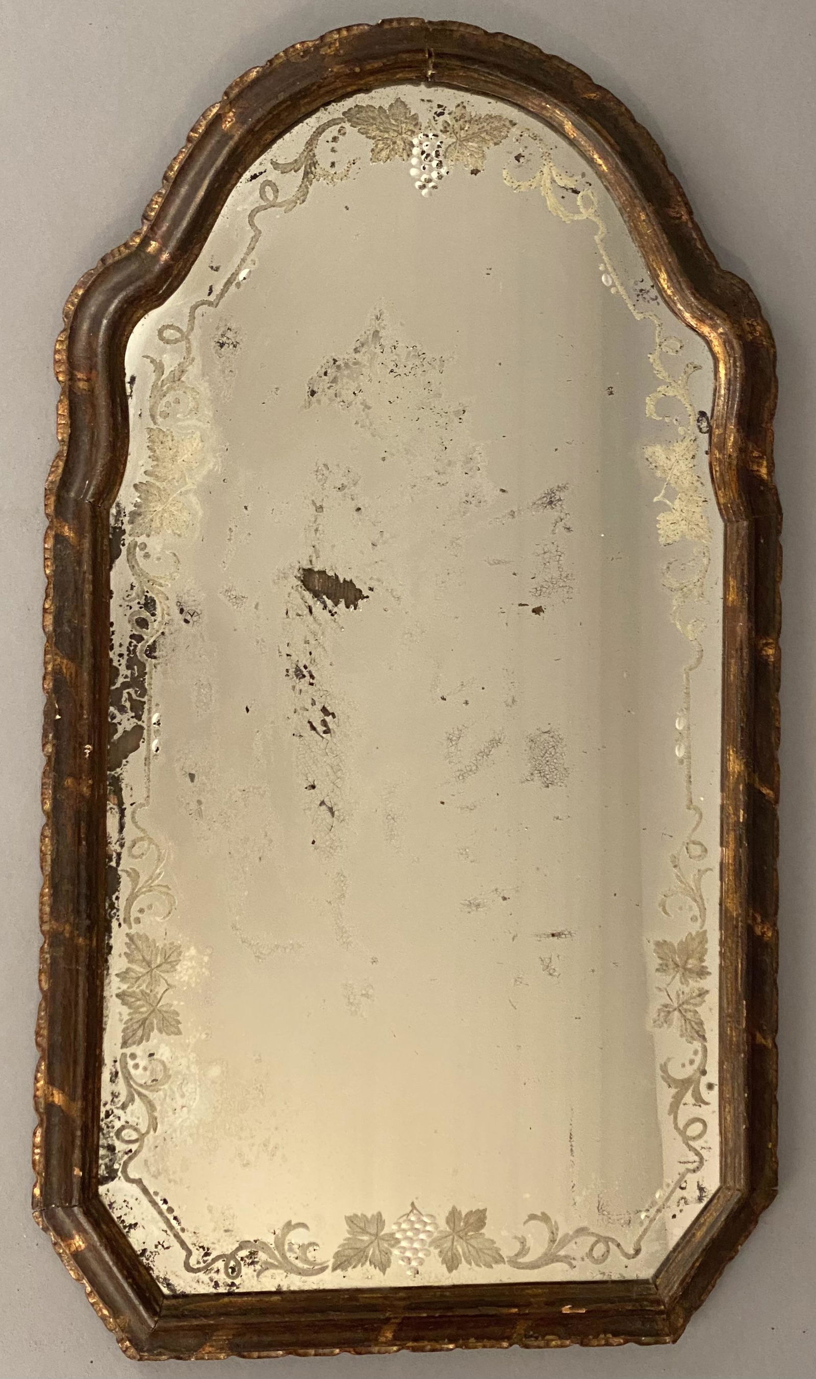 17th or Early 18th C Shaped Mirror w/Etched Glass (1 of 4)