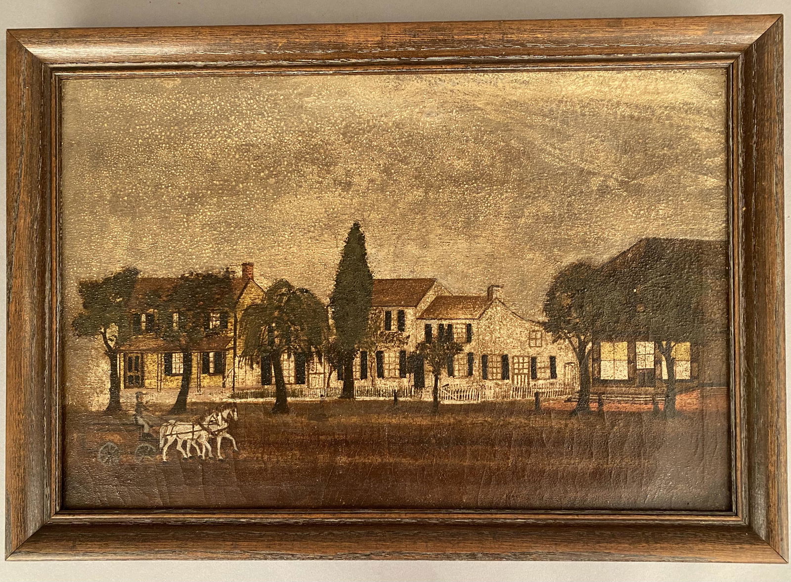 Primitive Oil on Canvas-Street Scene, Horse & Buggy (1 of 6)
