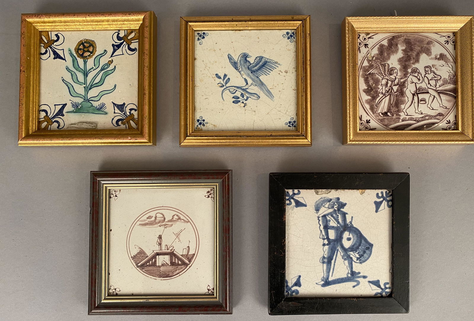 5 Framed Delft Tiles, 1 Multicolor Floral (1 of 2)