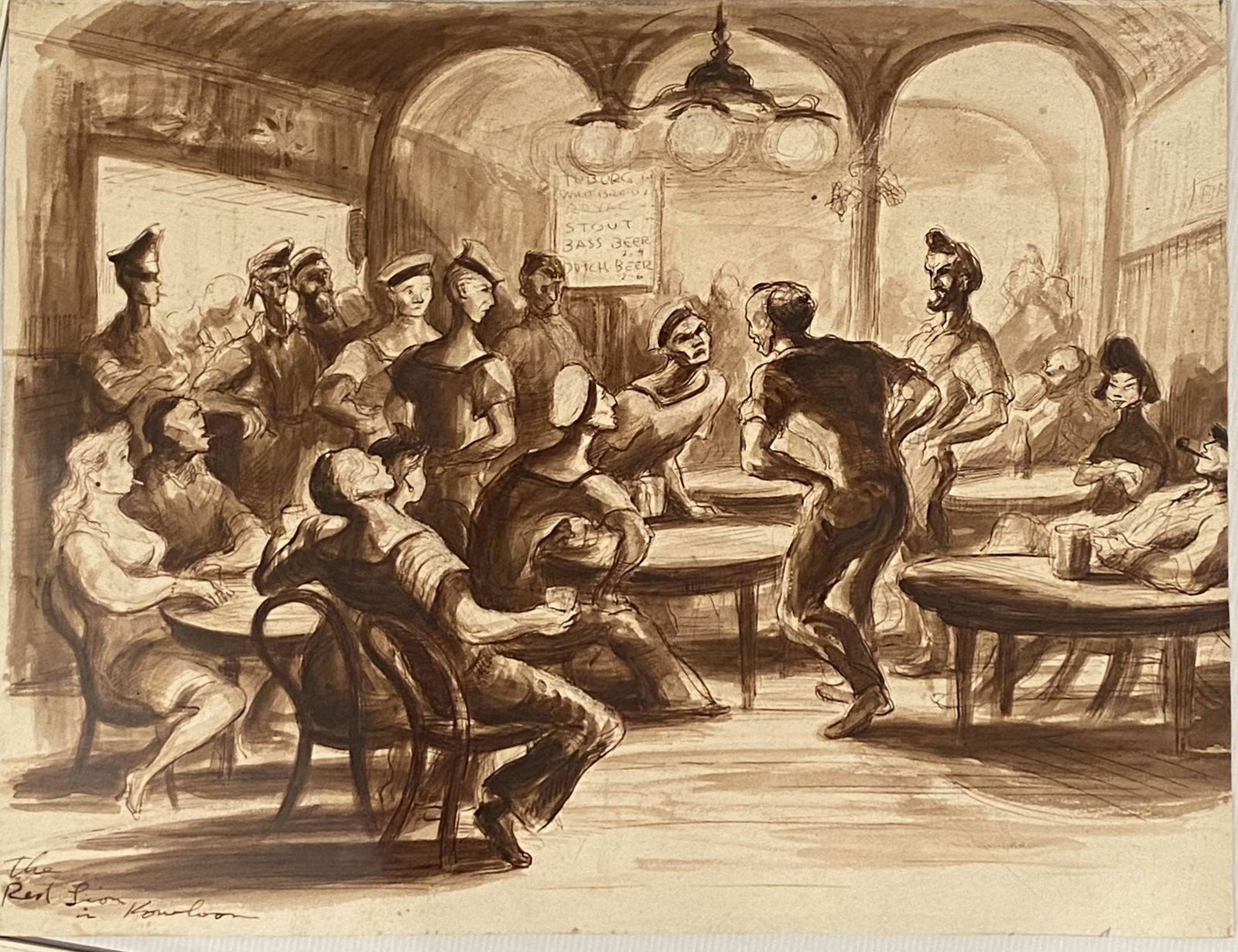 Watercolor-"The Red Lion in Kowloon" Pub: Watercolor on paper. Marked, "The Red Lion in Kowloon," lower left. It depicts people carousing in a pub with stourt and beer on the menu on the back wall.