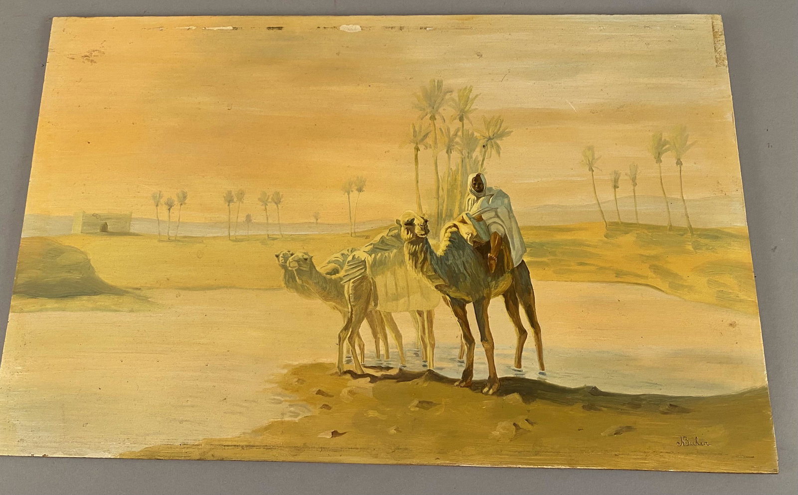N Buhen Oil on Board-Dessertscape w/Camels & Rider: N Buhen oil on board. Dessert scape of camels and riders watering at an oasis.