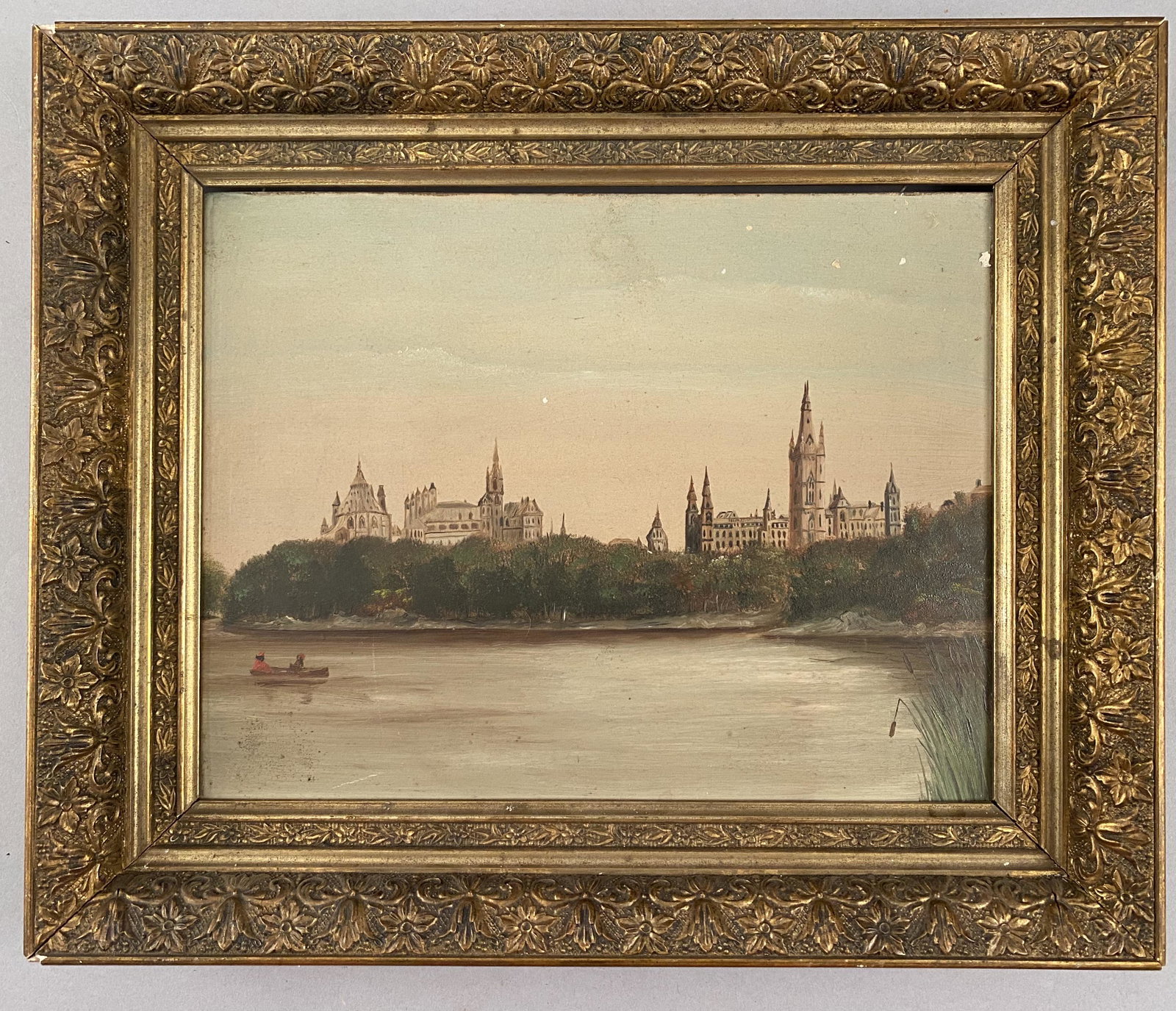 Early Oil-Buildings & Water-Ornate Gold Frame: Early oil on canvas in wonderful ornate gold frame. View of gothic buildings over a river or lake.Ê Frame 13" x 15 1/2" site 9" x 11 1/2"