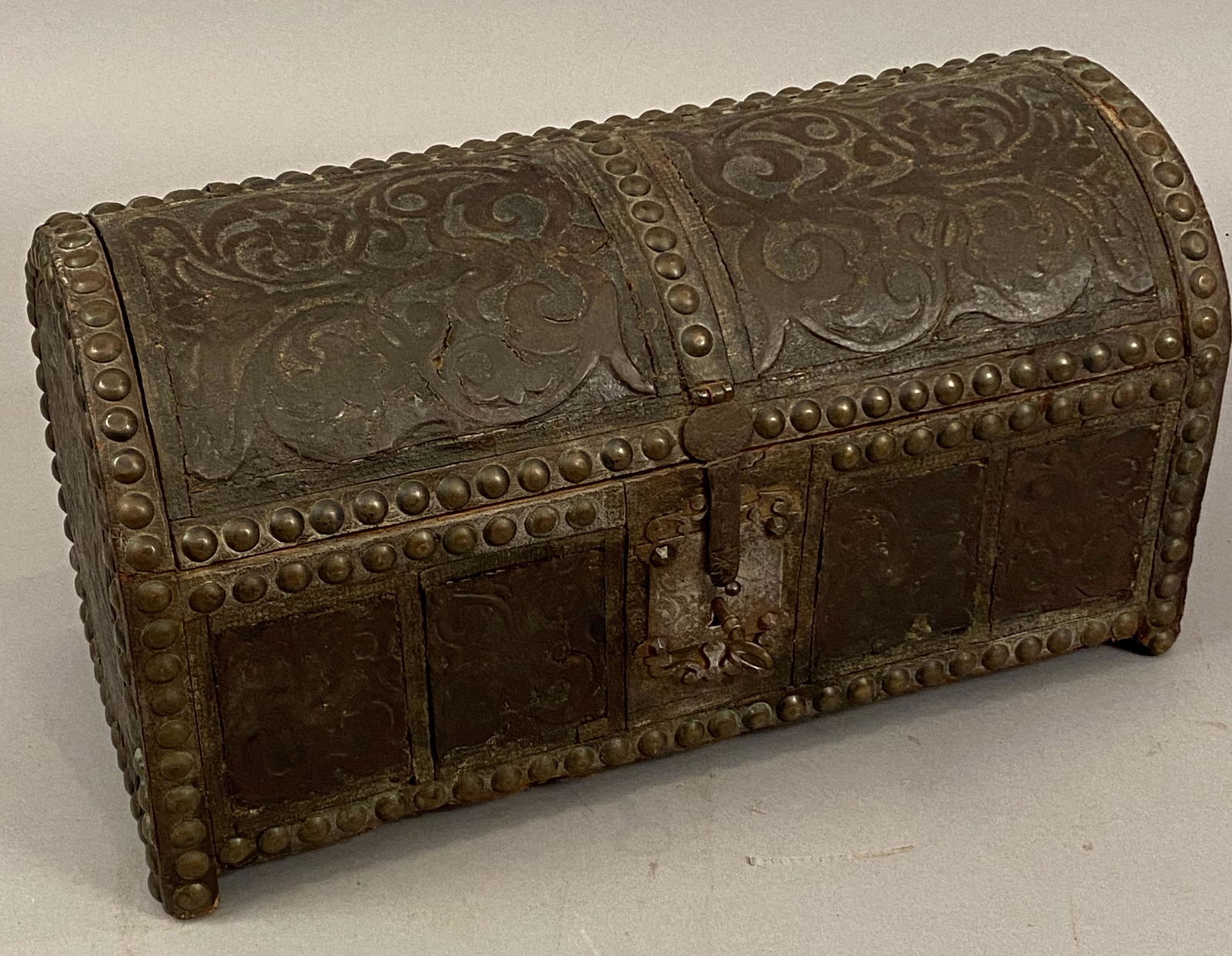17th/18th C Tooled Leather Covered Dome Top Trunk (1 of 7)