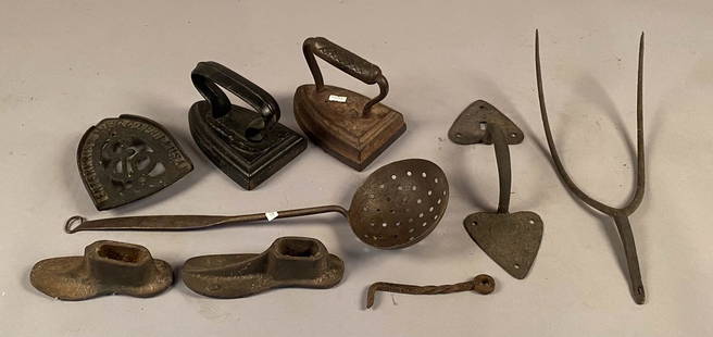 Miscellaneous lot of Antique Iron: Miscellaneous lot of antique iron including two handled irons, one trivet, antique door latch, antique hook, strainer ladel, two cobblers iron shoe pieces and one iron fork tool.