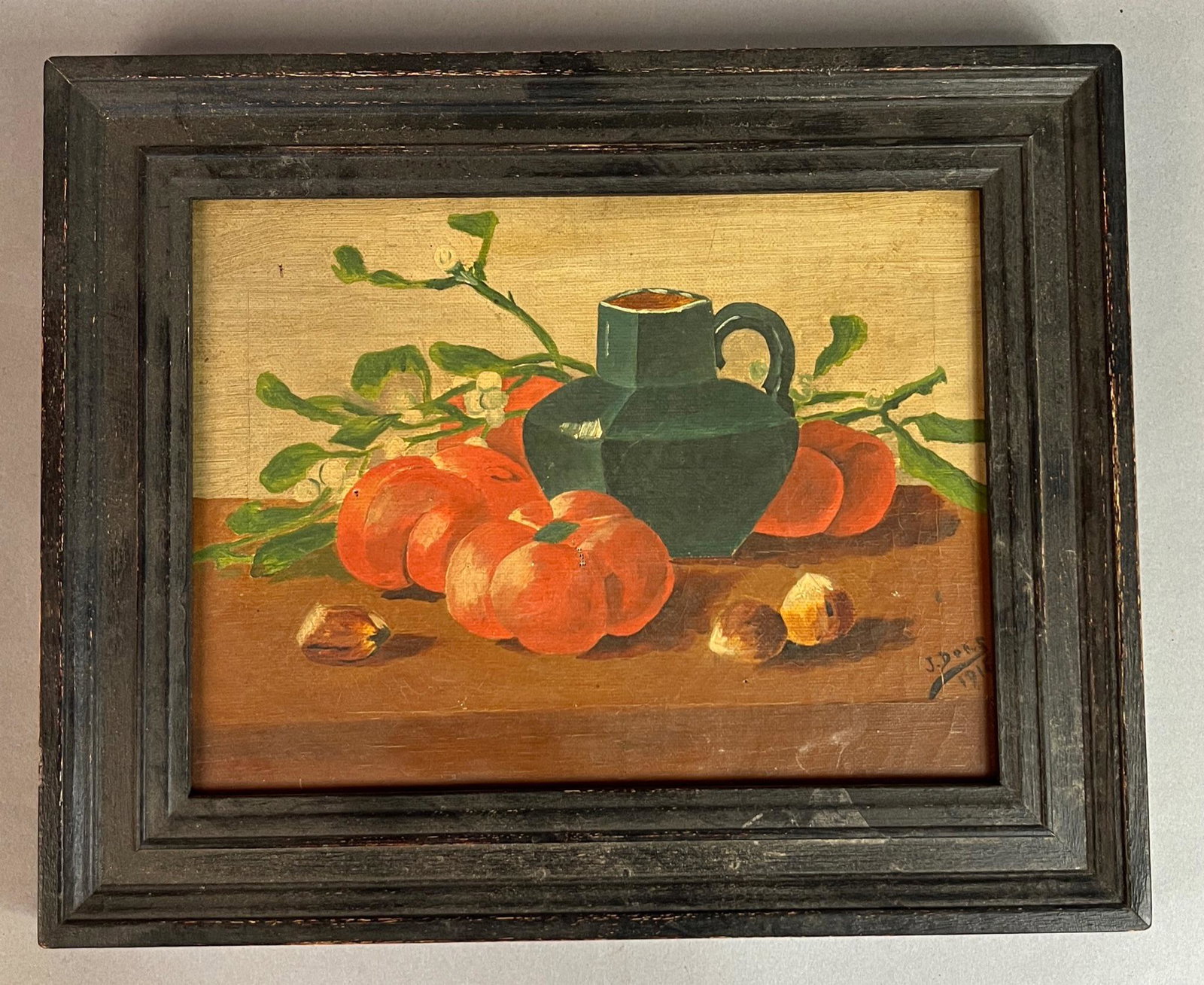 Still Life o/c Pitcher, Tomatoes and Nuts: Oil on canvas of a pitcher with tomatoes and nuts signed JDORS 1915. Sight 6 1/2" x 8 1/2".