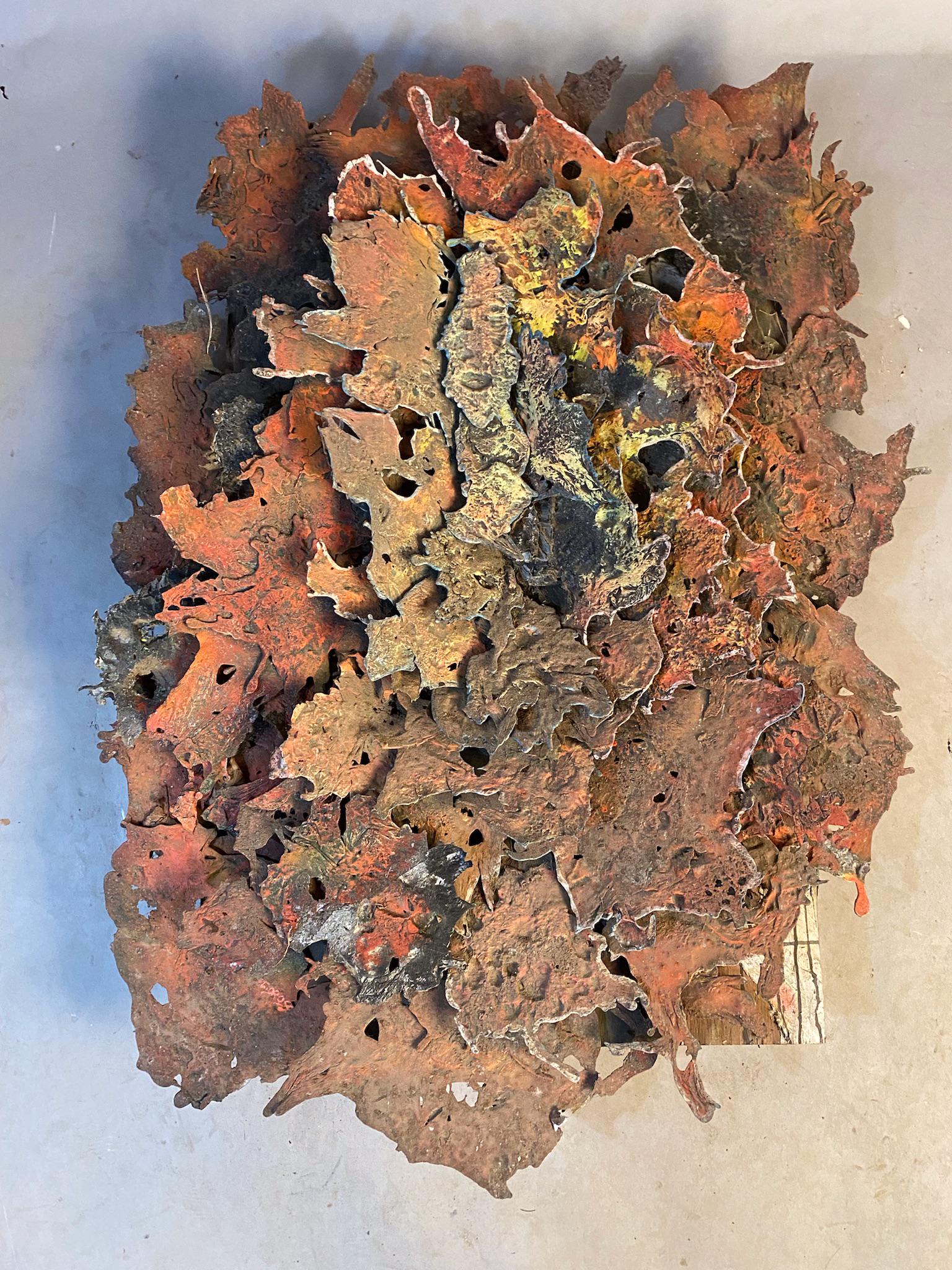 F Gross MCM Art Sculpture: F Gross MCM art sculpture, melted aluminum applied to painted plywood signed lower leftÊ.