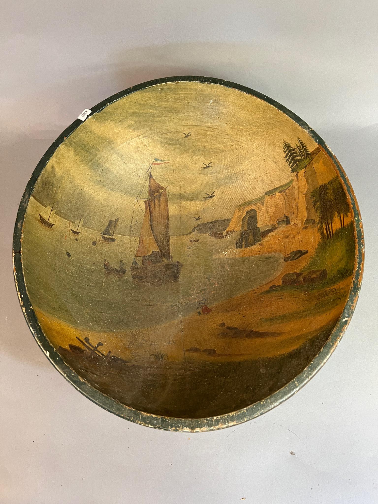 Large Paint Decorated Wooden Bowl w Seaside Scene: Large paint decorated wooden bowl, seaside scene with sail boats by the shore.