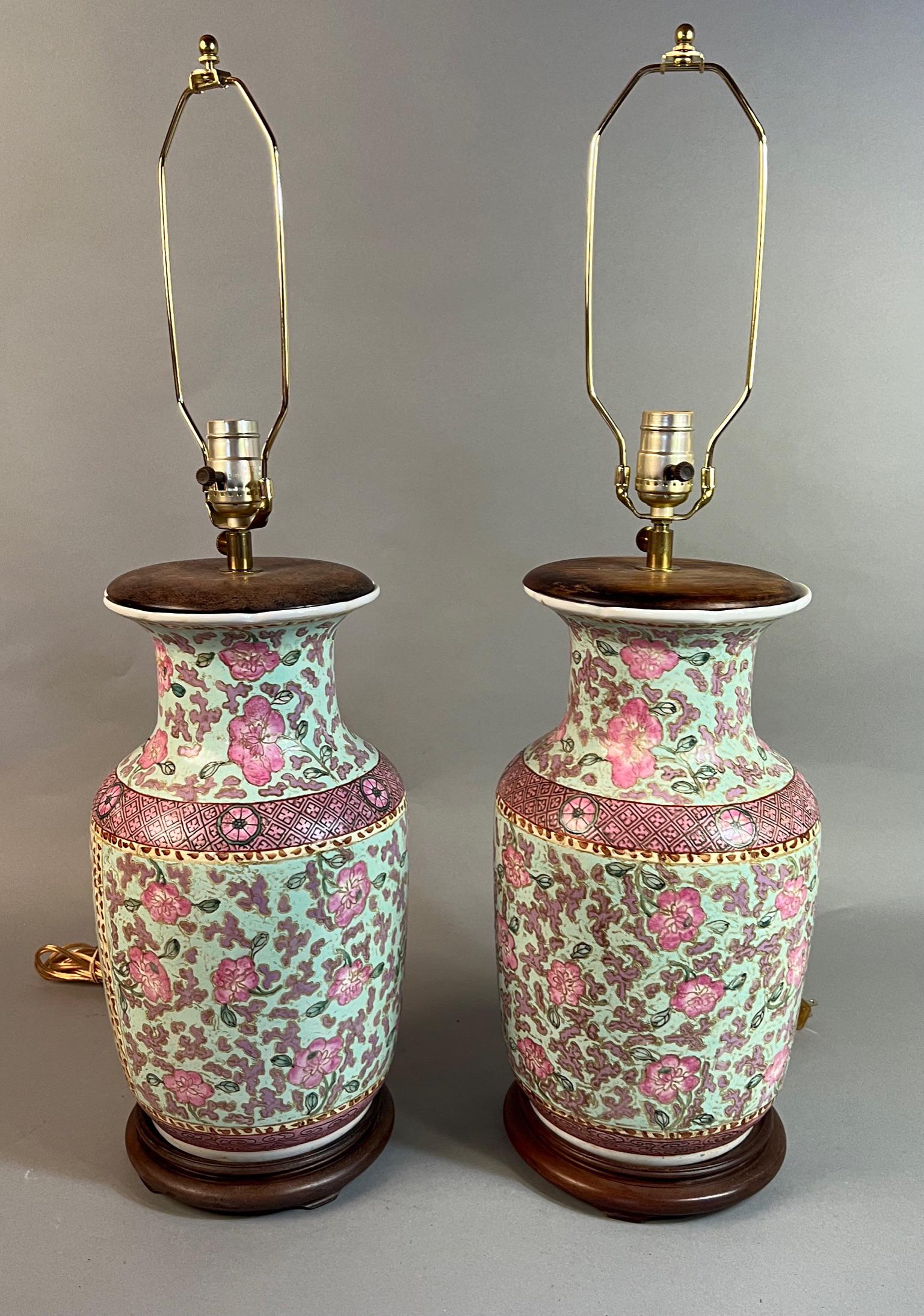Pair of Mint Green Floral Asian Table Lamps (1 of 4)