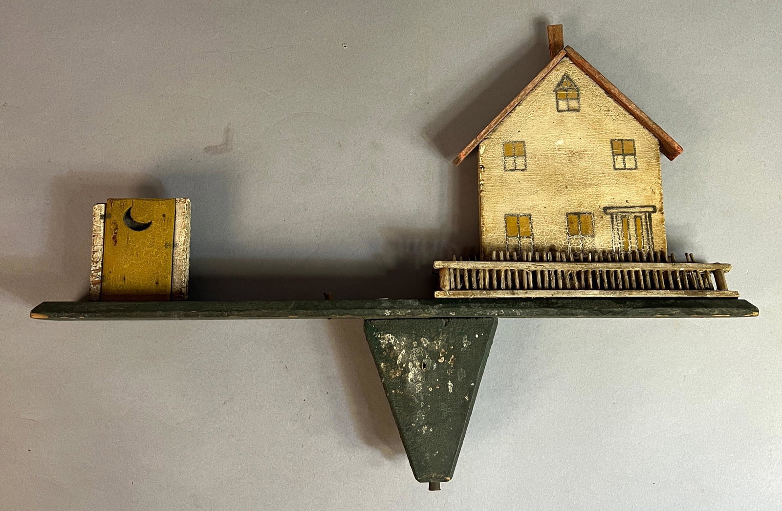 Vintage Whirligig Fragment, House with Picket Fence: Vintage whirligig fragment house with a white picket fence andÊouthouse. Original painted surface