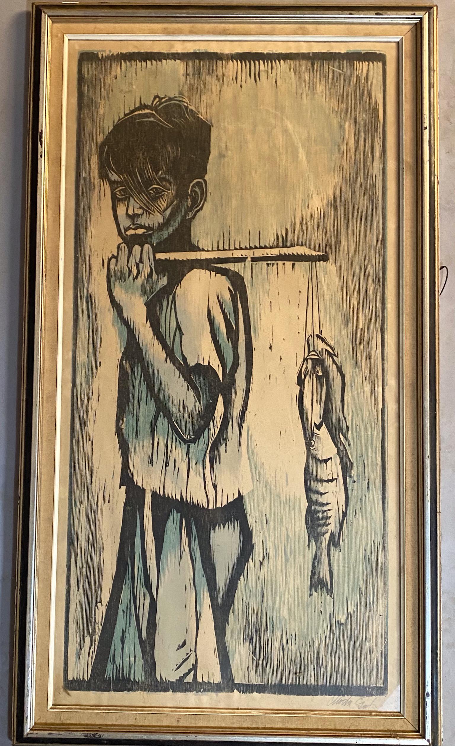 Moshe Gat Woodblock Print Hand Signed: Moshe Gat woodblock print. Hand signed lower right. Sight 33 1/2" x 17"