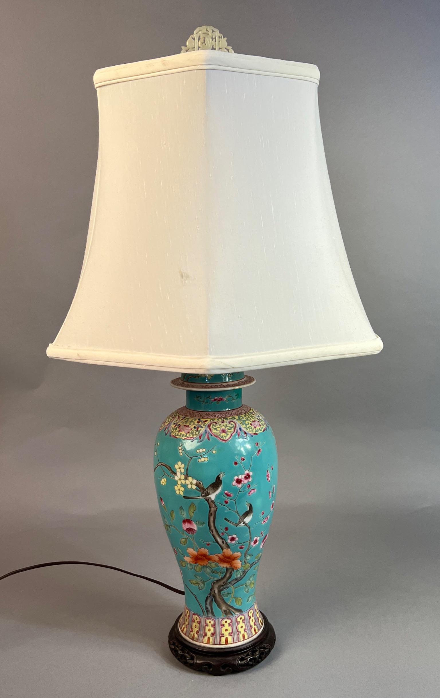 Vintage Blue Asian Lamp w Birds and Cherry Blossoms (1 of 6)
