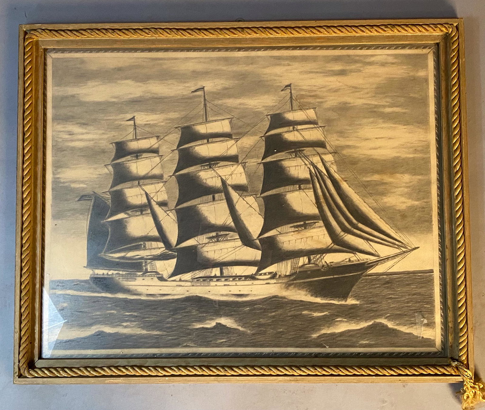 Charcoal Drawing of a Clipper Ship in Rope Frame: Charcoal drawing of a clipper ship in a rope frame. Unsigned.
