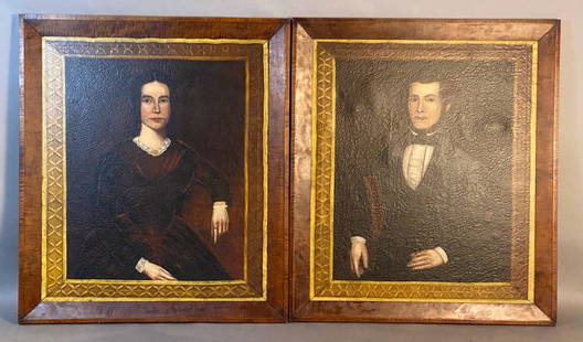 Pair of Portraits Attr Erastus Salisbury Field, Large Size: Pair of portraits attributed to Erastus Salisbury Field With painted ÒframeÓ surrounded by tiger maple frame. Very good condition, unusual large size.