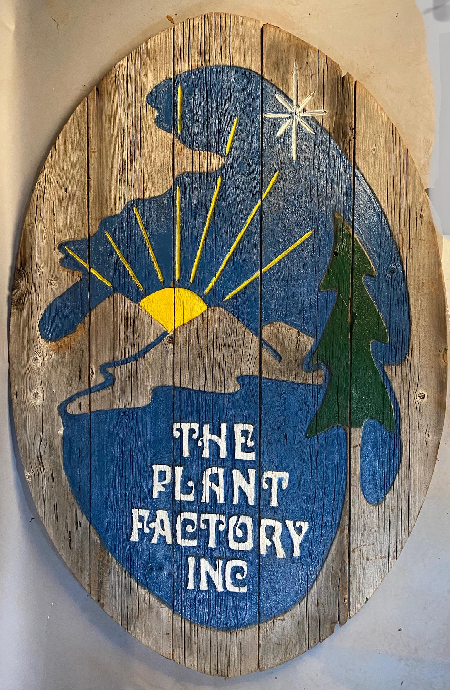 Vintage The Plant Factory Sign: Modern signs made on vintage barn siding. Large oval sign carved and painted with "The Planet Factory" on both sides. 85" x 57 3/4" x 1 5/8" Second smaller oval sign with 4185 Black Rock Tpke on both