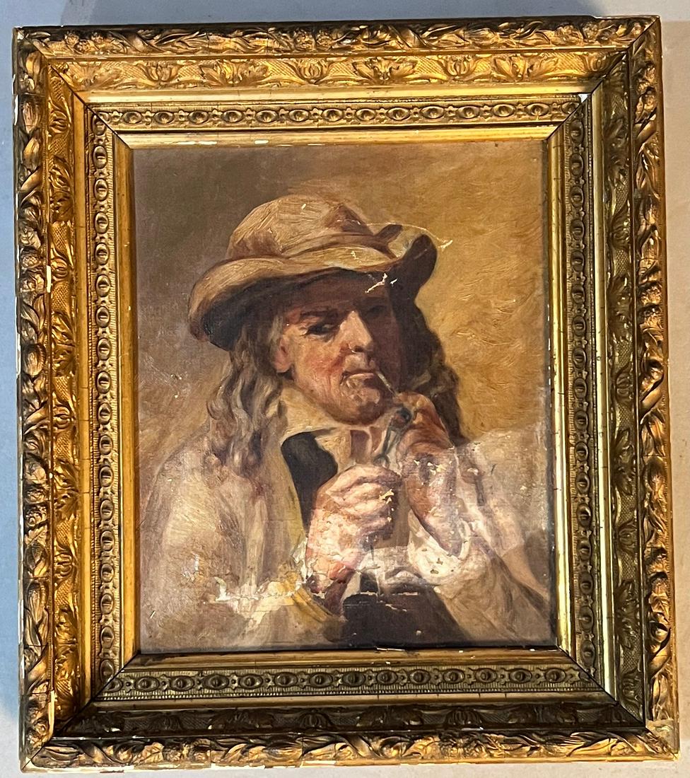 Man Lighting a Cigarette o/c: Oil on canvas of a man lighting a cigarette, wearing a hat. Some discoloration and missing paint chips, some damage to frame. Sight 9 1/2" x 11 1/2"