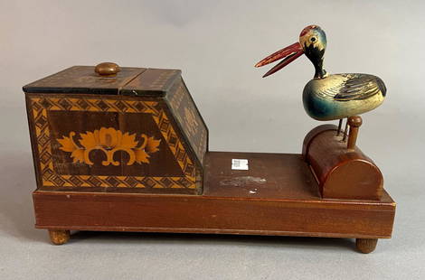 Vintage Bird Cigarette Dispenser: Vintage cigarette dispenser with a bird and beautiful inlaid woodwork.