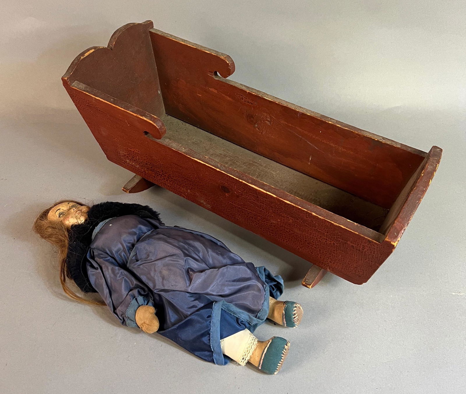 19th c Doll Cradle with Vintage Doll (1 of 8)