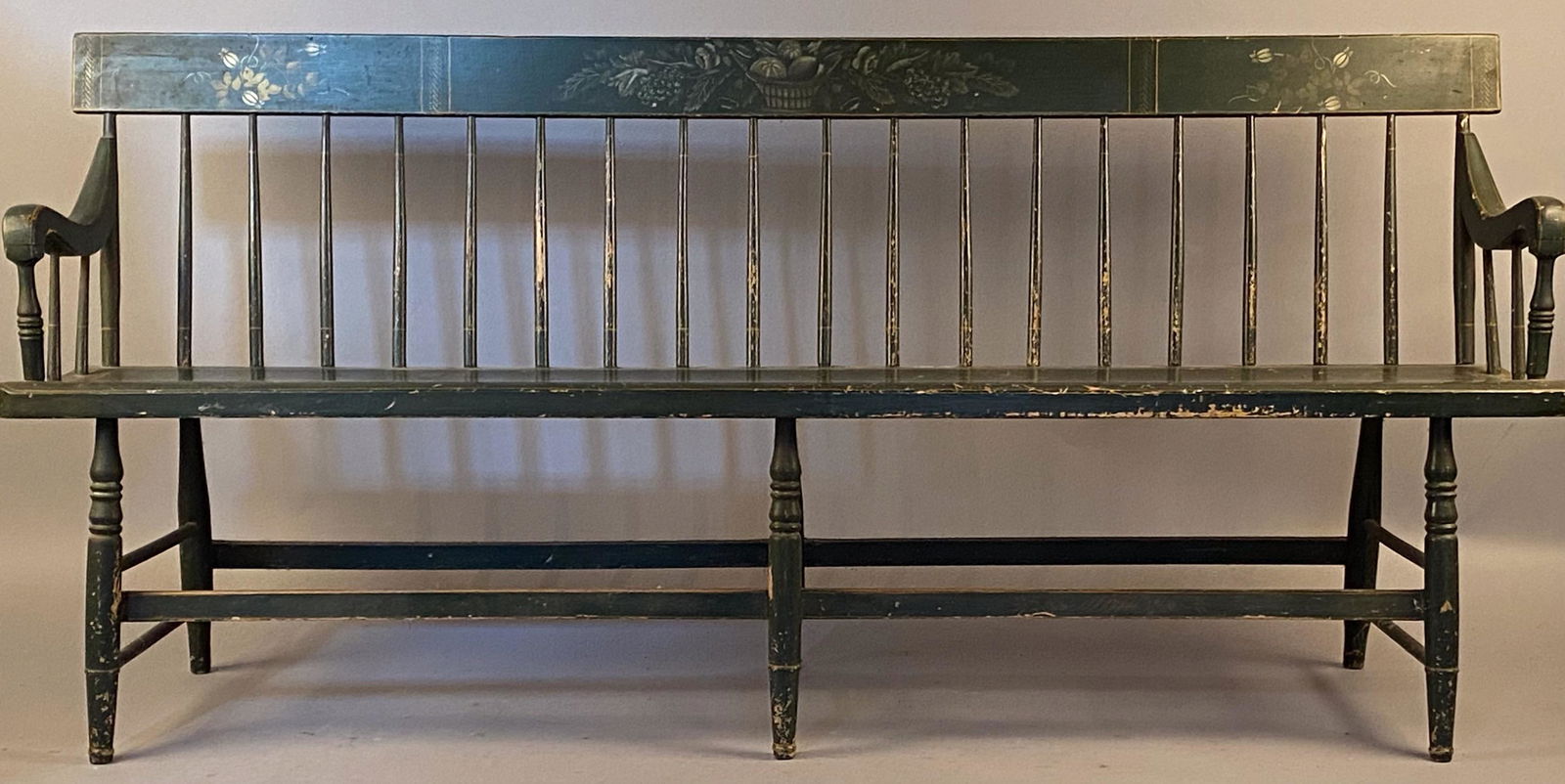 19th c Deacons Bench Old Green Paint and Gold Pinstriping (1 of 9)