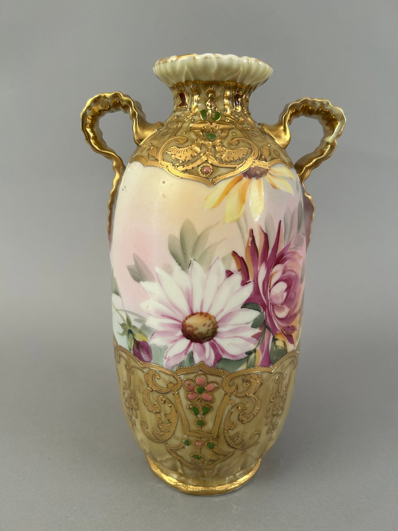 Handpainted Nippon Chrysanthemum Vase: Handpainted Nippon Chrysanthemum vase with gold details. Marked very lightly in the bottom.