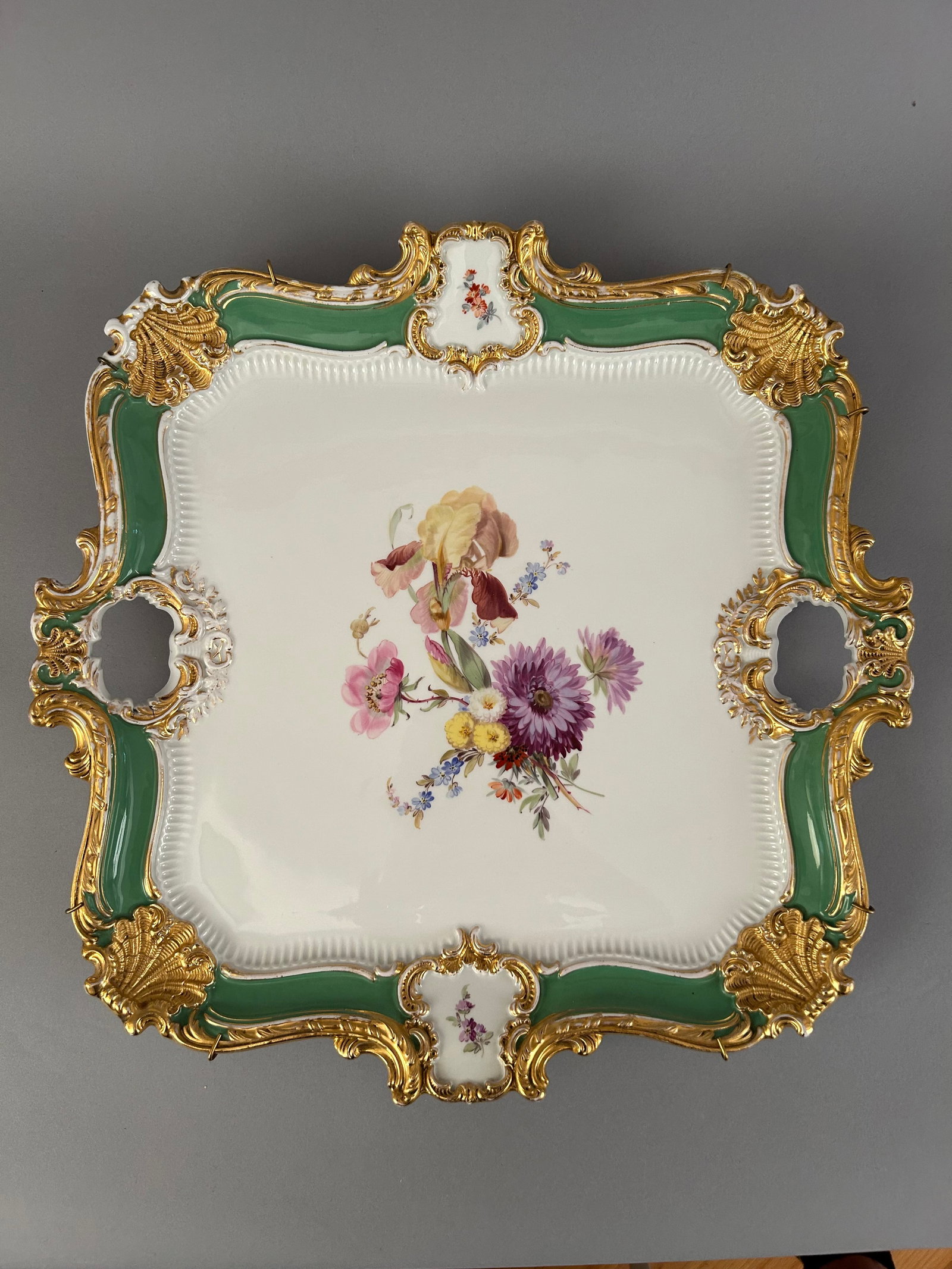 Meissen Large Square Platter: Meissen large square platter with flowers and beautiful gold decoration around border.