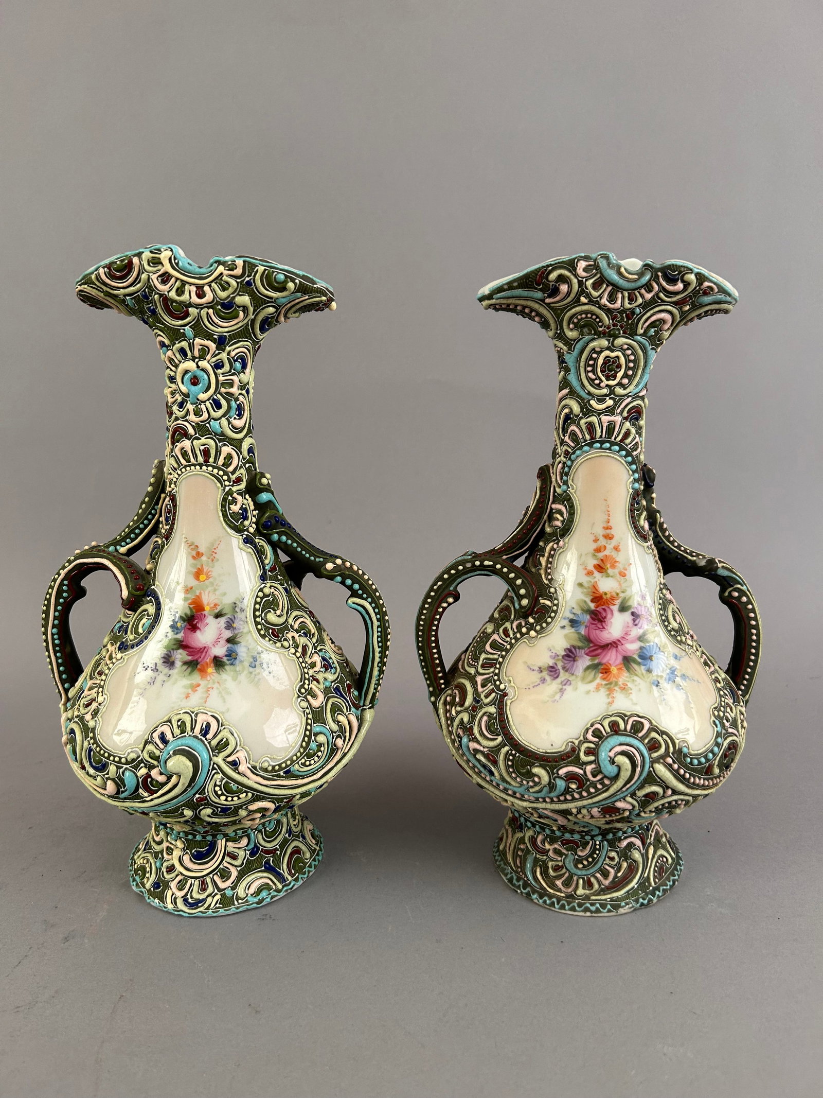 Pair Of Handpainted Nippon Double Handled Moriage Vases: Pair of Handpainted Nippon double handled Moriage vases. Unmarked