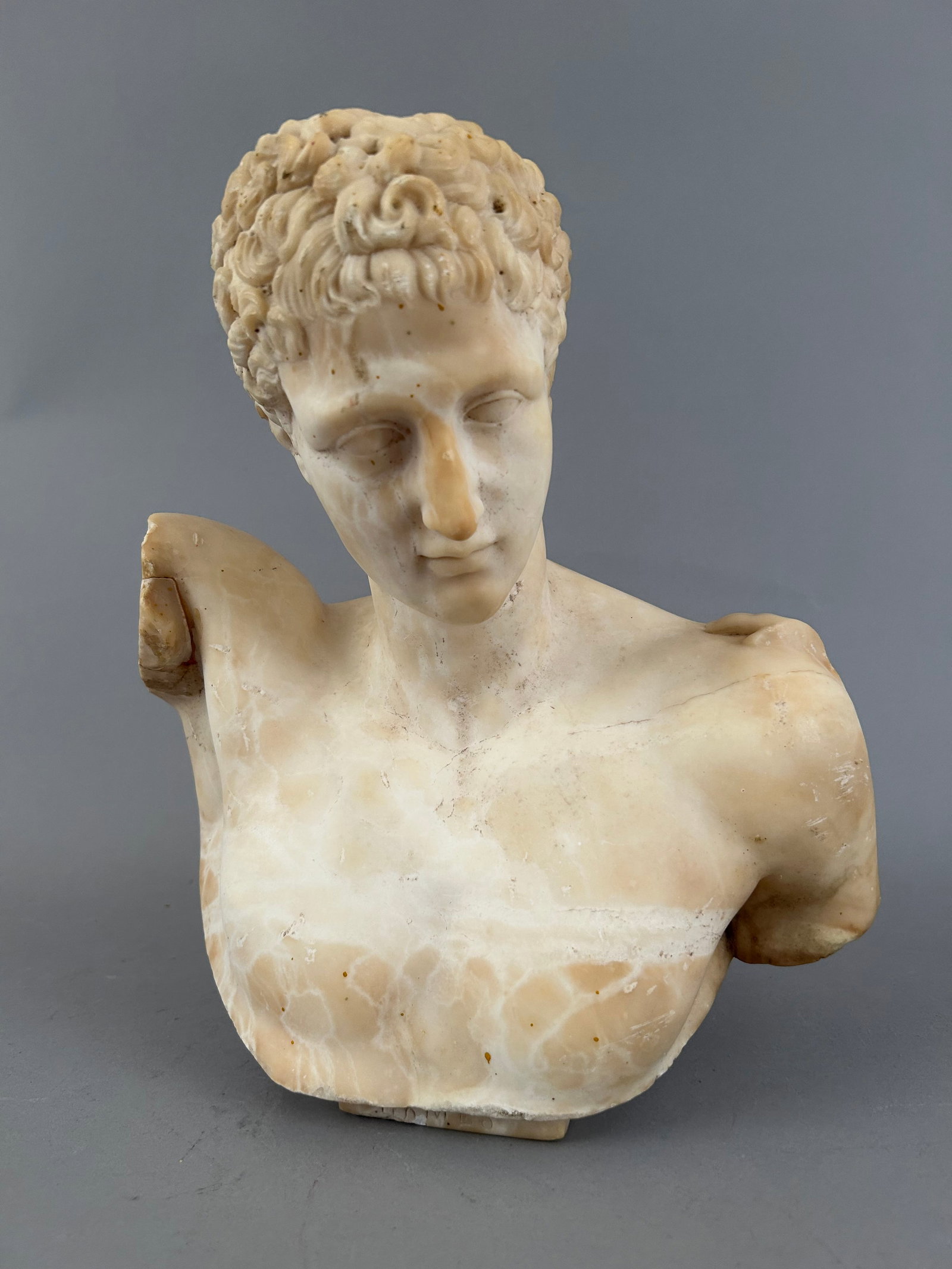 Ermes Alabaster Bust Of A Man: Alabaster bust of a man markes ERMES on the back.