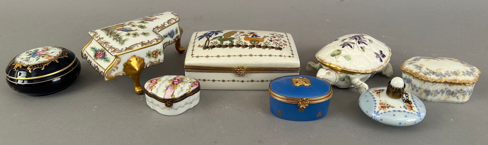 8 French Trinket Boxes Mostly Limoges: 8 French trinket boxes mostly limoges including turtle and piano.