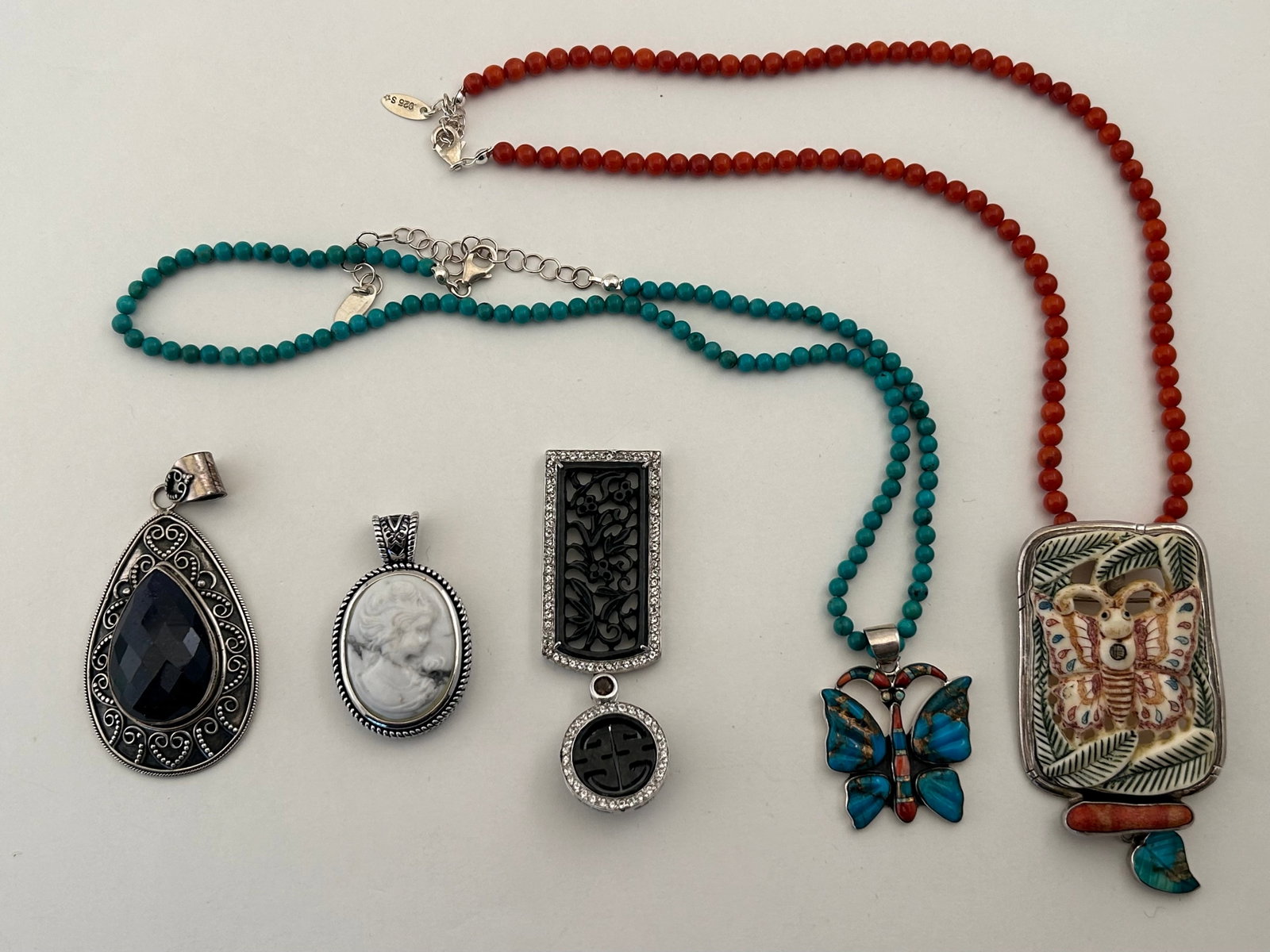 Five Vintage Sterling Silver Pendants, Bone, Turquoise: Five vintage pendants sterling silver. Turquoise butterfly, bone butterfly, white marble cameo É..