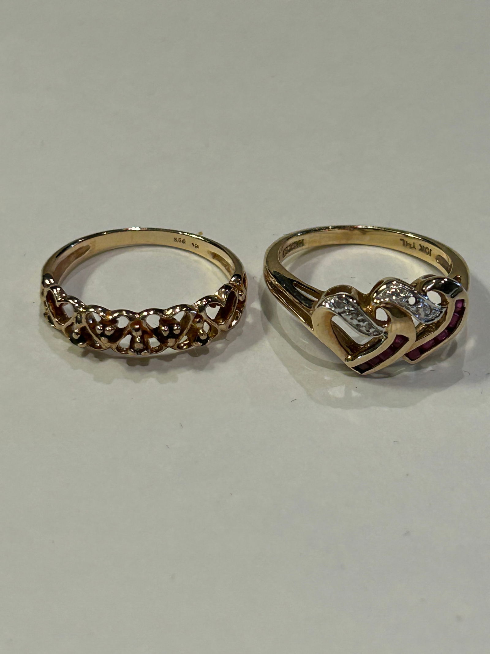 Two 10K Gold Rings w Hearts Diamonds & Garnet (1 of 4)