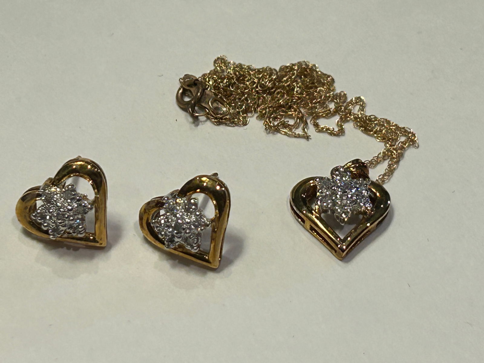 10K Gold & Diamond Heart Earrings & Necklace (1 of 4)