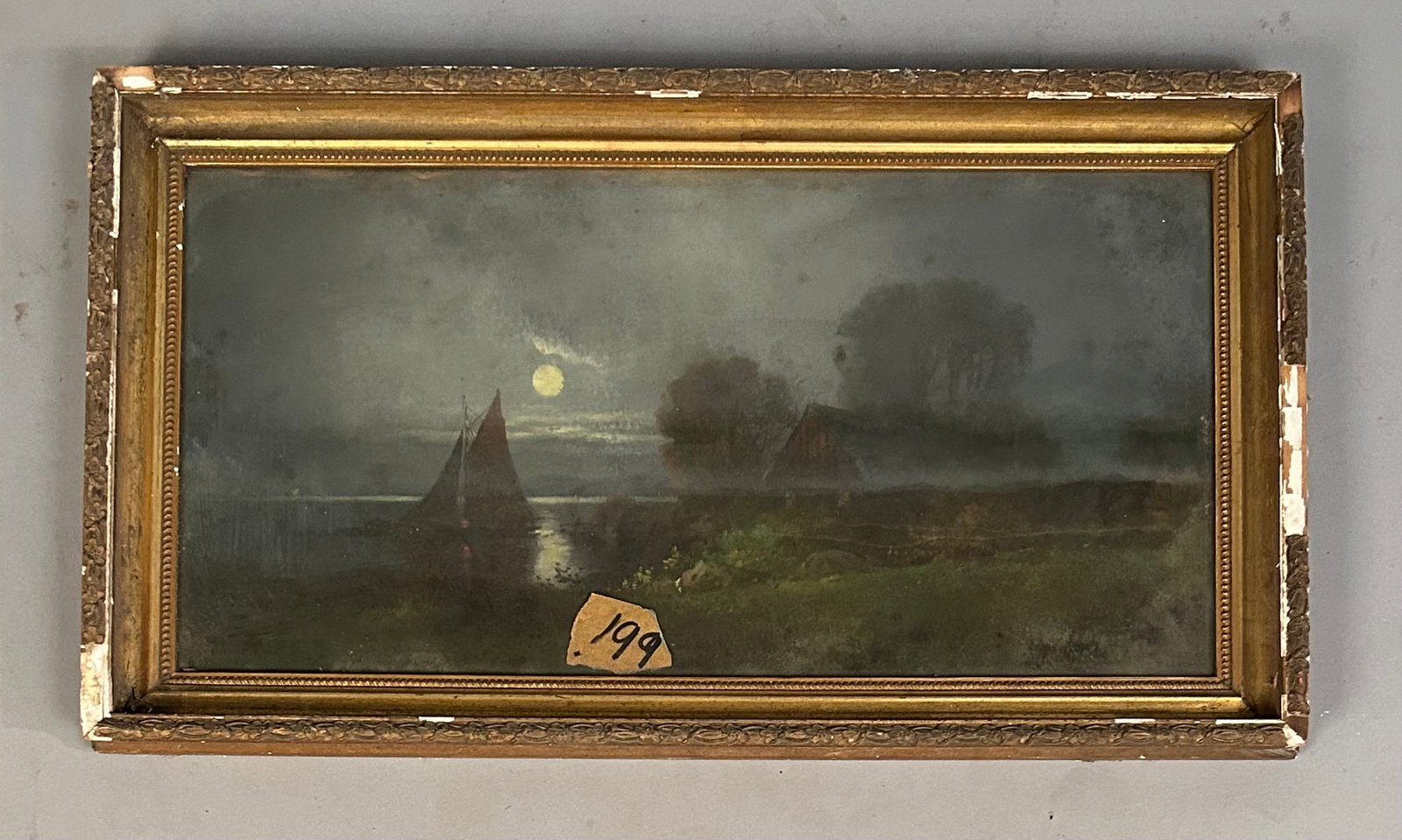 Painting of a Sail Boat in Front of the Moon: Painting of a sail boat just off shore with the moon in the background. Framed.