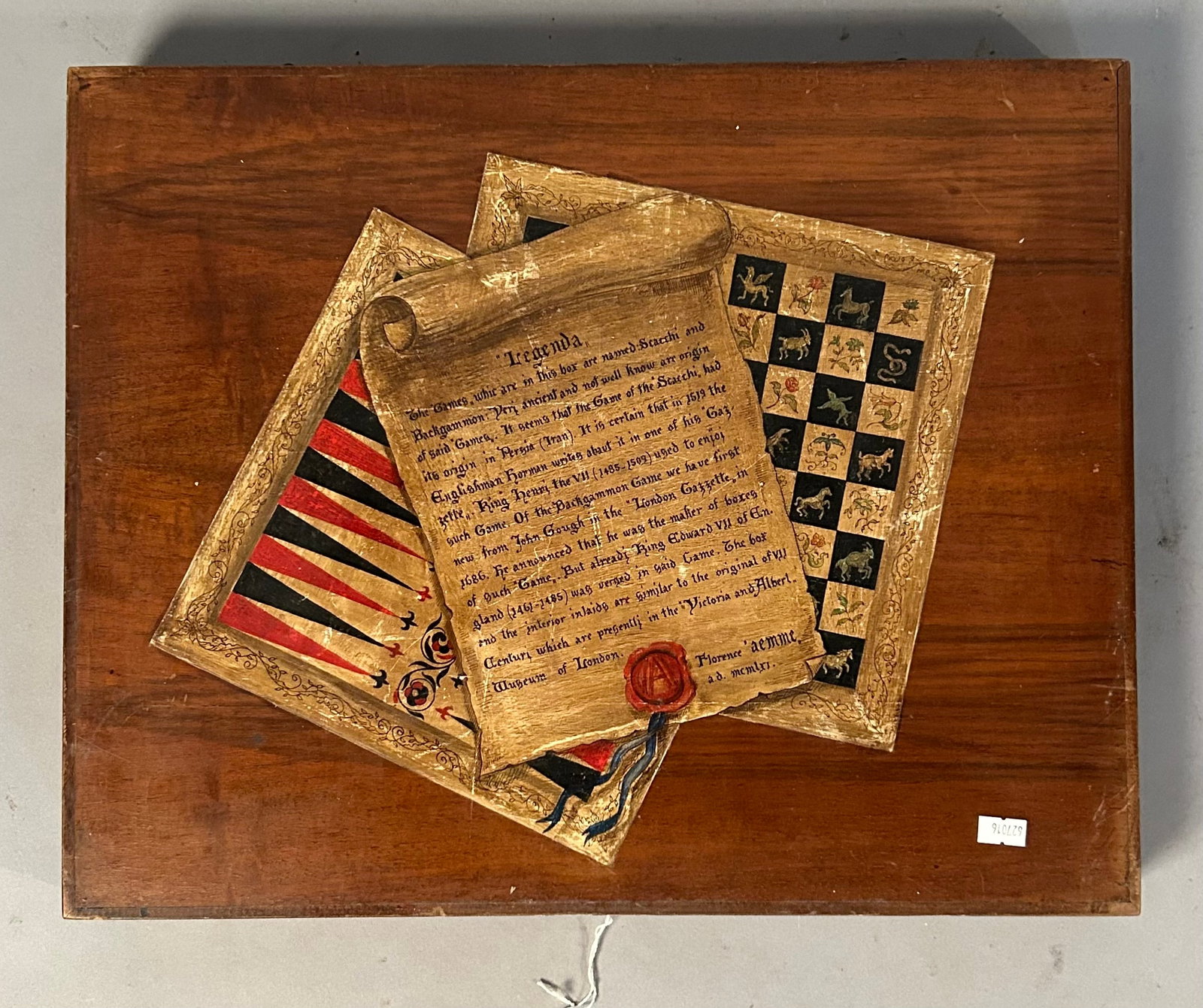 Game Board with Painted Scroll: Game board with painted scroll and ornate interior paint.
